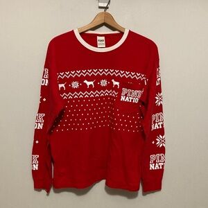 PINK Victoria's Secret Festive Red Crewneck Long Sleeve Tee, Size Large Winter